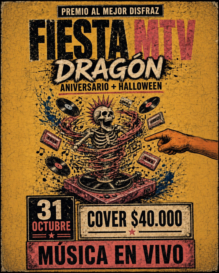 Afiche de Festa MTV Dragón, aniversario y Halloween, 31 de octubre, música en vivo, cover $40.000 COP